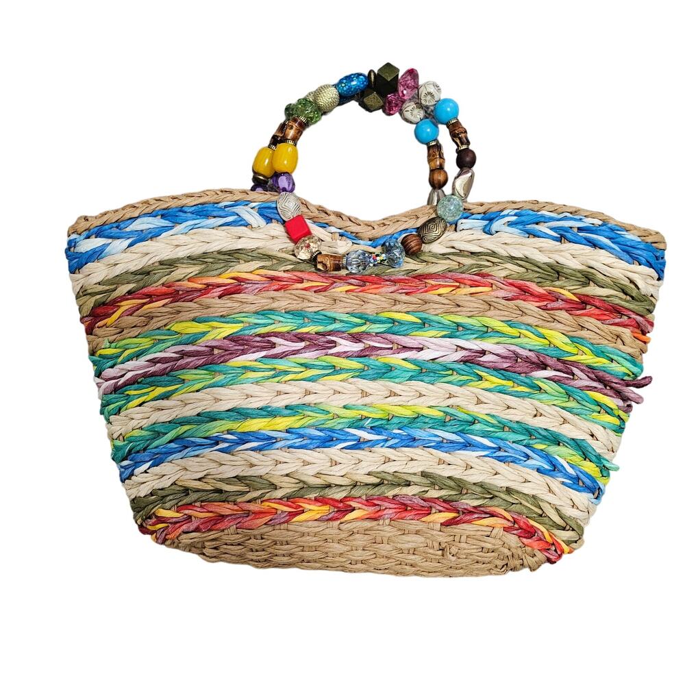 Boho Multicolored Straw‎  Beach Handbag With Beaded Handles